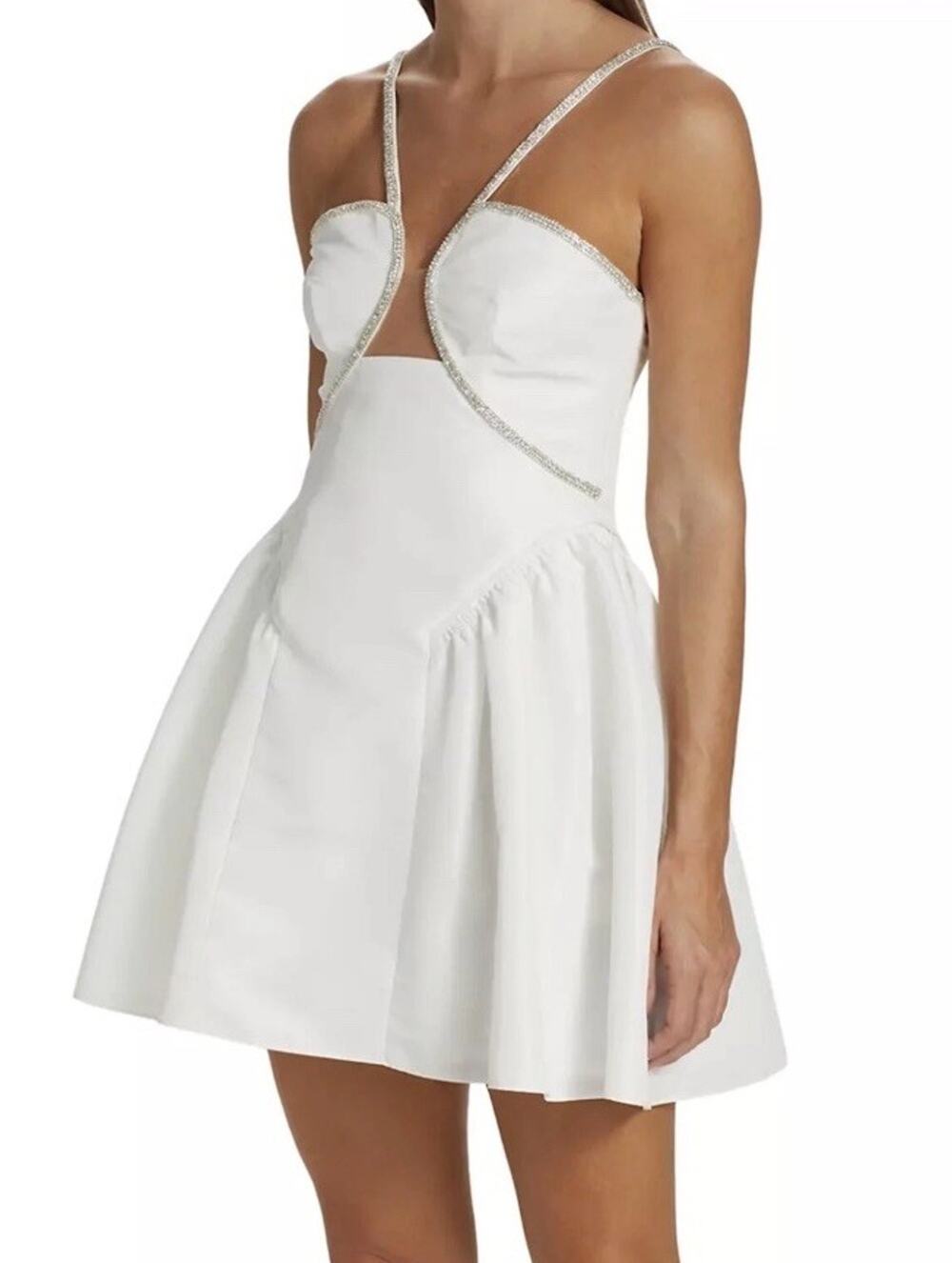 NWT Self-Portrait White Taffeta Crystal Flared Mini Dress US 0 Bridal